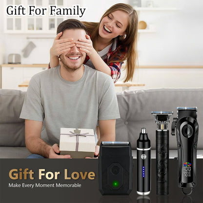 Electric Hair Clipper Set with LCD Screen - USB Rechargeable Hair Trimmer Kit with T-Blade, Guide Combs, Nose Hair Trimmer, Professional Grooming Kit for Men & Women, Home & Barber Shop Use