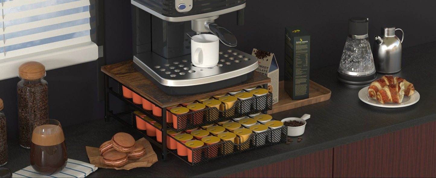 K-Cup Coffee Pod Holder 72 Capacity – 2-Tier Sliding Drawer Coffee Pod Organizer with Wood Top & Metal Frame, Non-Slip Base, Stackable Countertop Storage for Home, Office & Cafe – Silver
