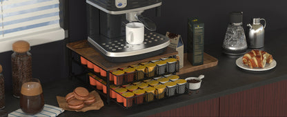 K-Cup Coffee Pod Holder 72 Capacity – 2-Tier Sliding Drawer Coffee Pod Organizer with Wood Top & Metal Frame, Non-Slip Base, Stackable Countertop Storage for Home, Office & Cafe – Silver