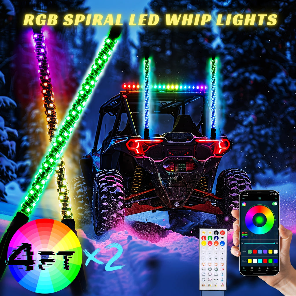 1 Pair (2pcs) 1ft/2ft/3ft/4ft Brighter RGB LED Whip Lights Flag Pole Remote And APP Control Color Changing Lamp Spiral RGB Music Chasing/Dancing Neon Light Whips for UTV ATV RZR SXS Side By Side Dune Buggy Offroad Truck (w/o Spring Base)