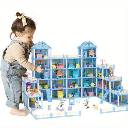 Princess Doll House Castle with Furniture & Accessories – Pink or Blue Mini Villa Playset 14 to 27 Rooms, Imaginative Play Logical Thinking Toy for Girls Ages 3+ Birthday Christmas Gift