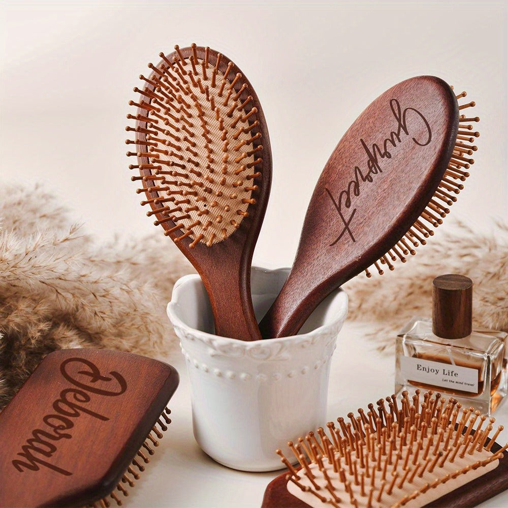 Personalized Engraved Wooden Hairbrush Custom Curly Styling Brush Square Oval Shape Gift for Women Men Wedding Bridesmaid Groomsmen Birthday Christmas Thanksgiving Halloween Holiday