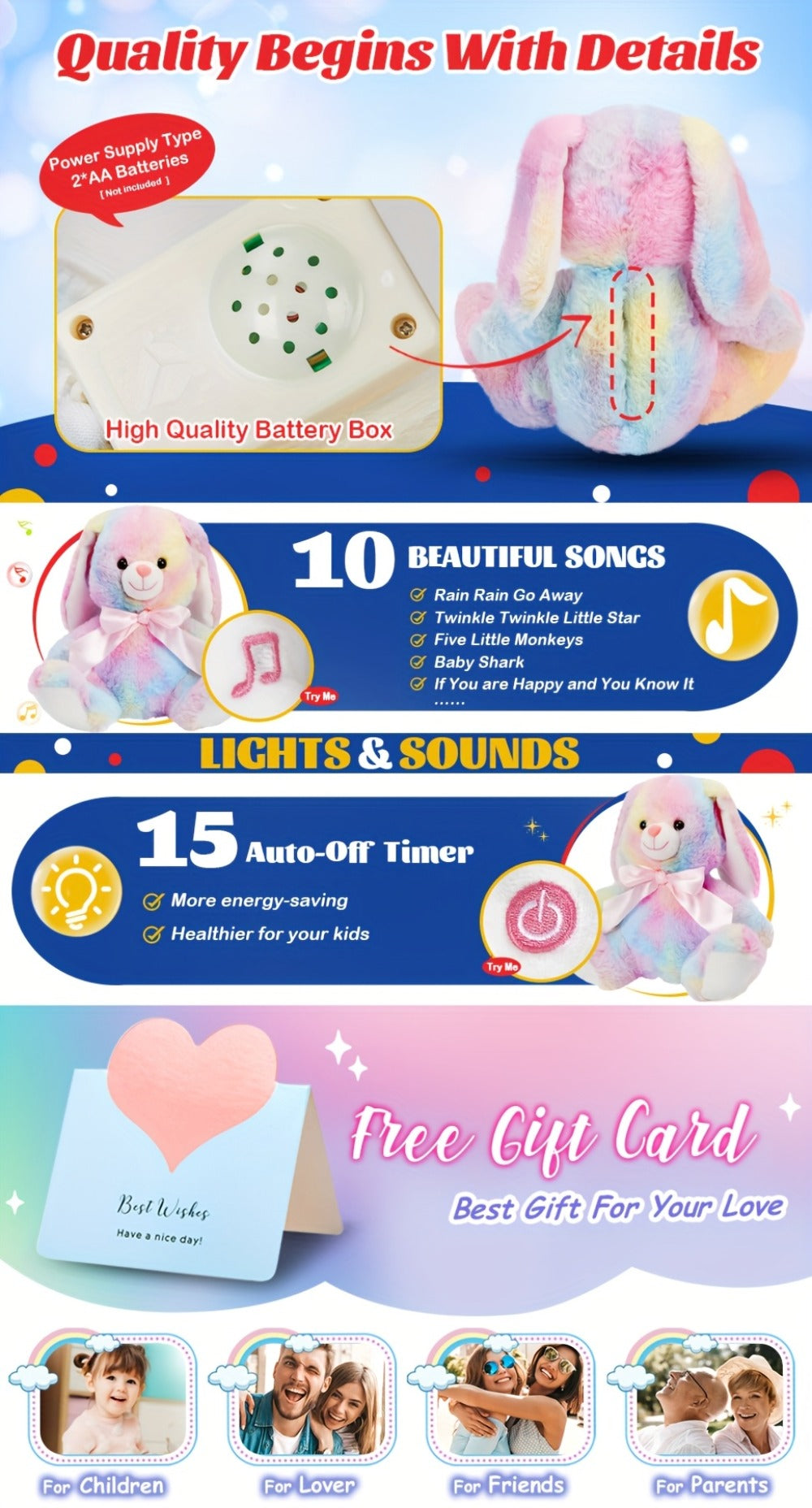 Musical Glowing Bunny Plush Toy 10 Inch – Rainbow Lop Ear Rabbit Stuffed Animal with LED Night Light & Lullaby Music for Toddlers Kids, Birthday Christmas Valentine Gift for Girls