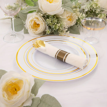 Gold Plastic Plates Disposable Dinnerware Set 350pcs – 50 Dinner Plates, 50 Dessert Plates, 50 Gold Rim 9oz Cups & 50 Gold Cutlery Sets | Elegant Party Tableware for Wedding, Birthday & Holiday Events