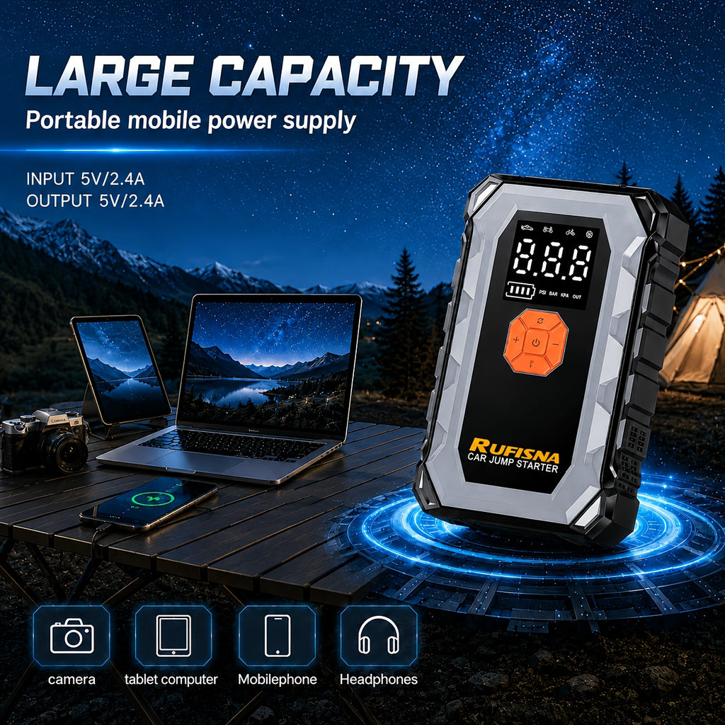 15000A-18000A Peak Jump Starter with Air Compressor, 12V Car Battery Charger, 150 PSI Fast Tire Inflator, All-in-One Emergency Power Bank, LED Flashlight, USB Output, Heavy Duty Jump Starter for Gas & Diesel Cars, SUV, Truck, Roadside Rescue Kit.