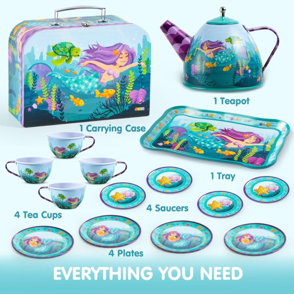 Mermaid Tea Party Set for Girls 21pcs – Tin Teapot, 4 Cups, Saucers, Plates & Carrying Case | Pretend Play Kitchen Toy for Toddlers, Birthday & Christmas Gift for Girls Ages 3 4 5 6