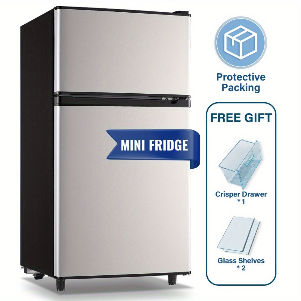 Small Fridge with Freezer, 2-Door Compact Refrigerator with 7-Level Adjustable Thermostat, Removable Shelves & Basket – 2.5 or 3.5 Cu Ft Silver Mini Fridge for Dorm, Office, RV and Bedroom