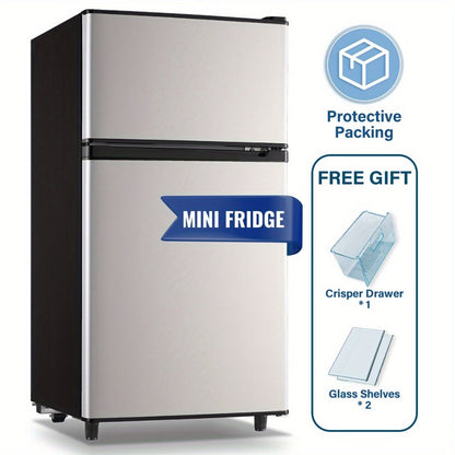 Small Fridge with Freezer, 2-Door Compact Refrigerator with 7-Level Adjustable Thermostat, Removable Shelves & Basket – 2.5 or 3.5 Cu Ft Silver Mini Fridge for Dorm, Office, RV and Bedroom