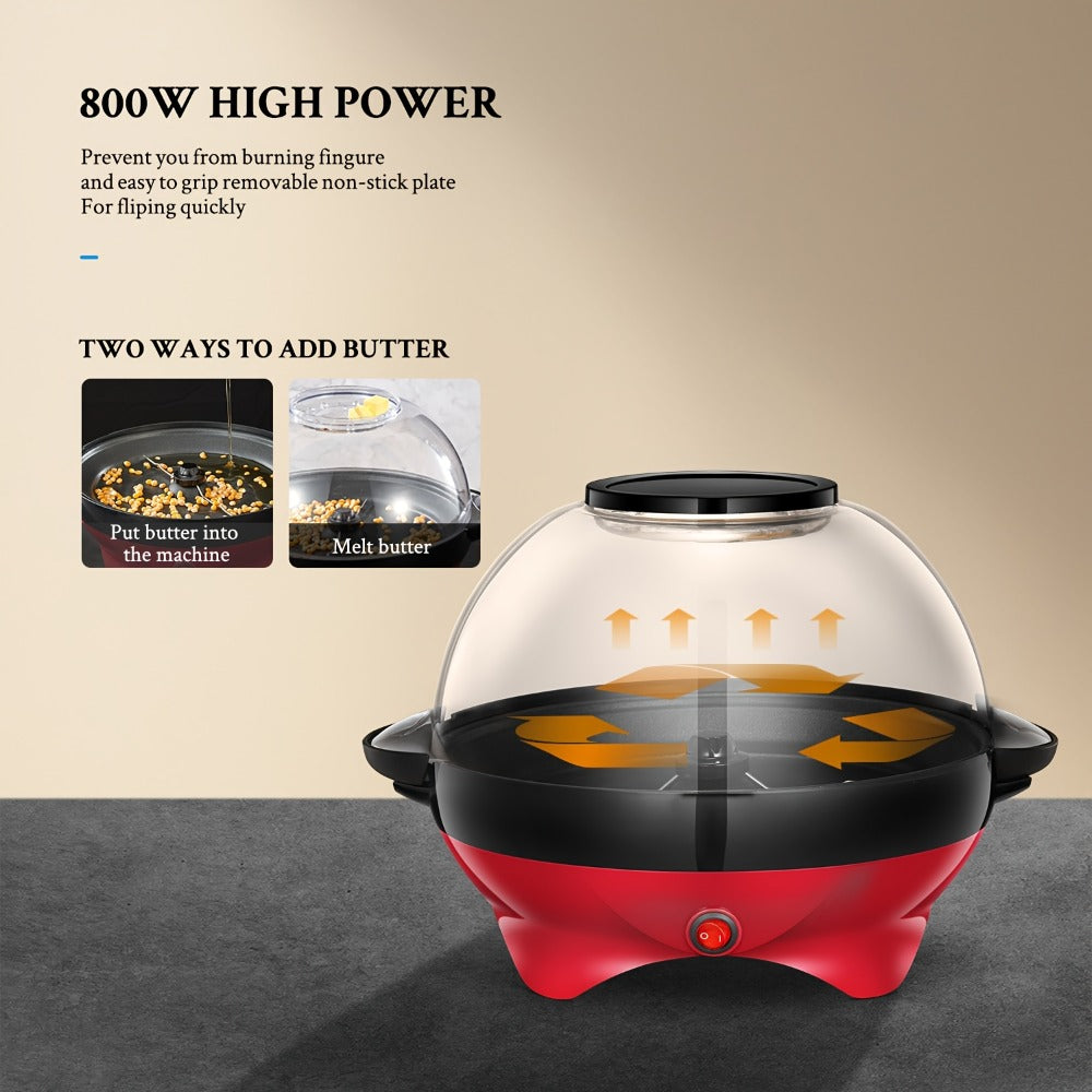 Popcorn Machine 800W Electric Stirring Popcorn Maker – 6-Quart Non-Stick Plate, Quick-Heat Technology, Cool-Touch Handles, 2-in-1 Lid & Bowl for Home Movie Night