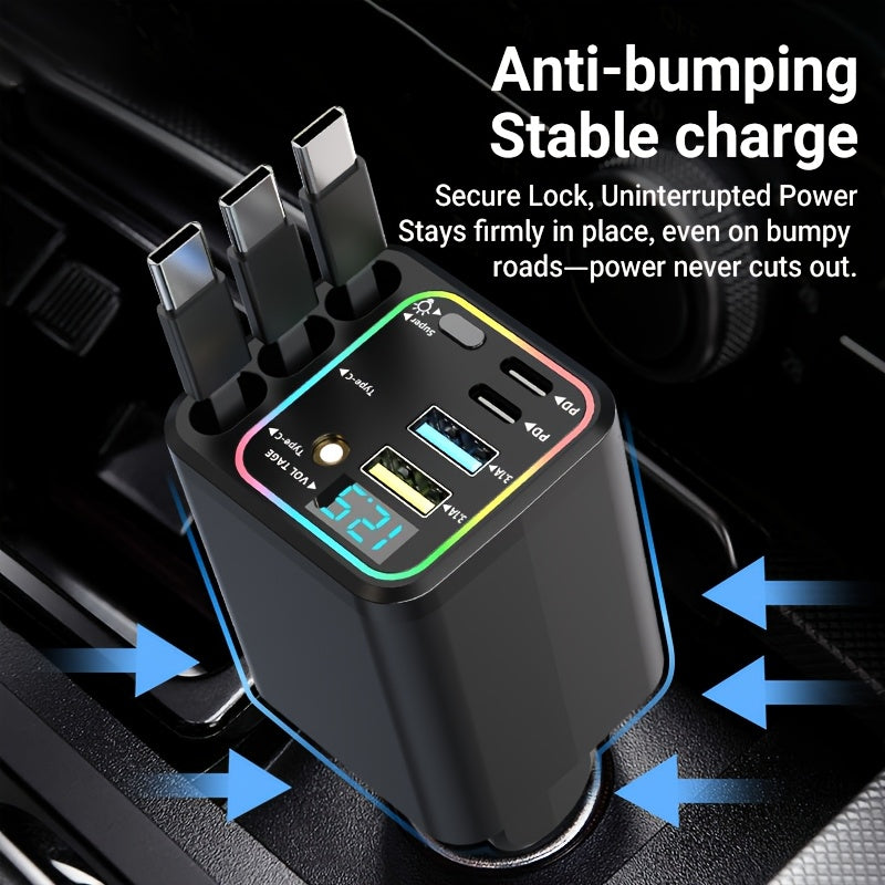 7-in-1 Car Fast Charging Mobile Phone Charger, Upgraded Color Light, Equipped With 3 Extendable Cables And Fast Charging Interface, Supports 180 ° Free Adjustment Angle, And Is Equipped With LED Intelligent Digital Display Screen, Without Battery