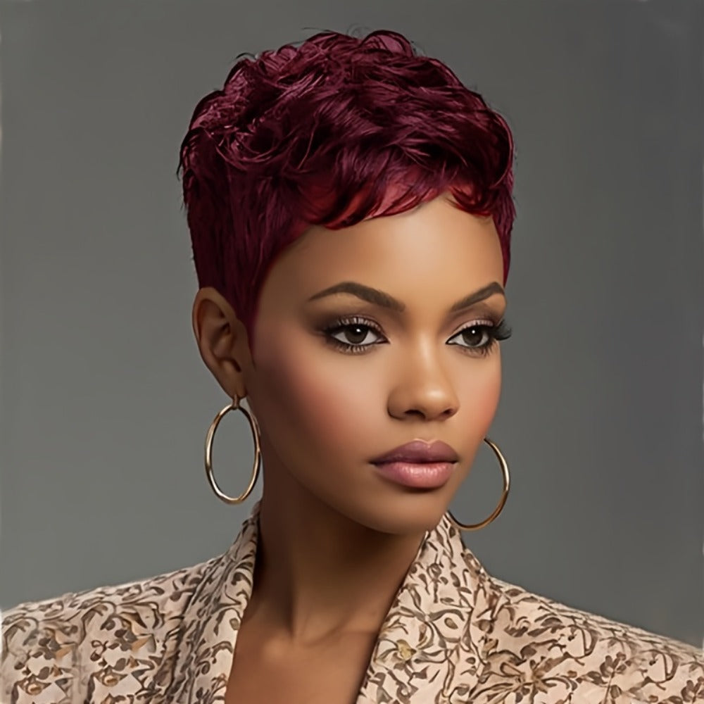 Short Wavy Pixie Cut Wig with Bangs Bold Colors Synthetic 4 Inch Heat Resistant for Women | Dark Brown Deep Purple Burgundy | Daily Wear Cosplay Party