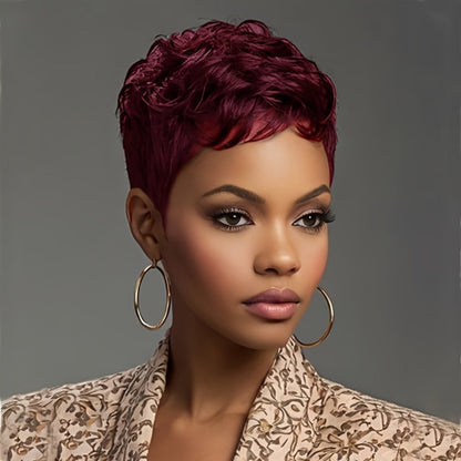 Short Wavy Pixie Cut Wig with Bangs Bold Colors Synthetic 4 Inch Heat Resistant for Women | Dark Brown Deep Purple Burgundy | Daily Wear Cosplay Party