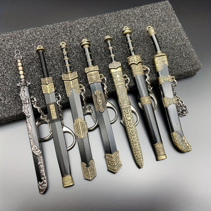 Miniature Metal Swords Set 7pcs Ancient-Inspired Collectible Pendant with Sheath – Military Theme Durable Metal Mini Sword Toy Gift for Anime Game Enthusiasts Ages 14+