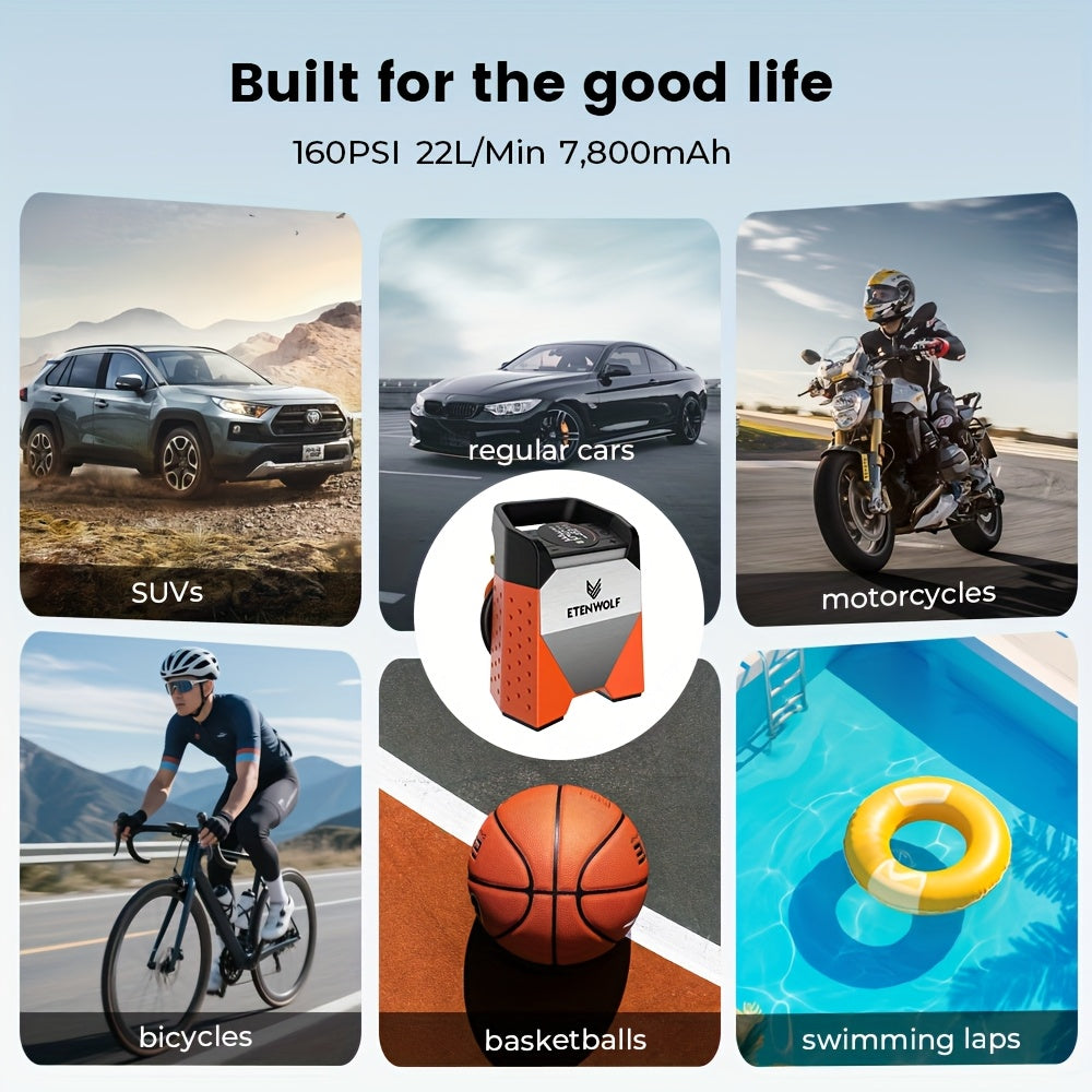 ETENWOLF S3C Ultra-Fast Tire Inflator with 160PSI and 5.81gal/Min Inflation and 7,800mAh Battery for Cars, Motorcycles, Bikes and Balls. Includes Pressure Monitor and Auto-stop Function, LED Lighting, a Variety of Adapted Nozzles and More!