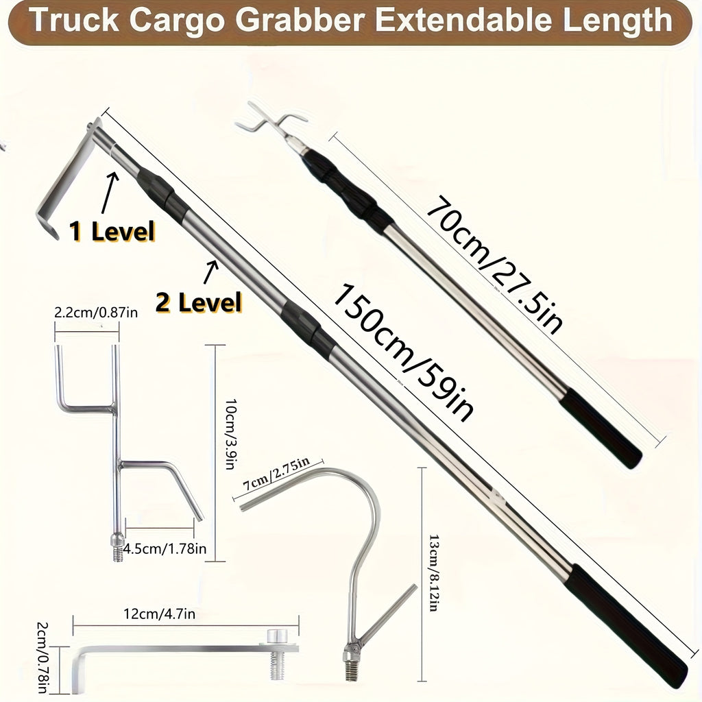 A Robust Stainless Steel Telescopic Grabber for Truck Beds, Featuring a Retractable Handle. This Heavy-Duty Tool Is Designed for Cargo Retrieval, Making It for easy to Lift And Move Heavy Items. It Serves As a Practical Accessory for Trucks with a D