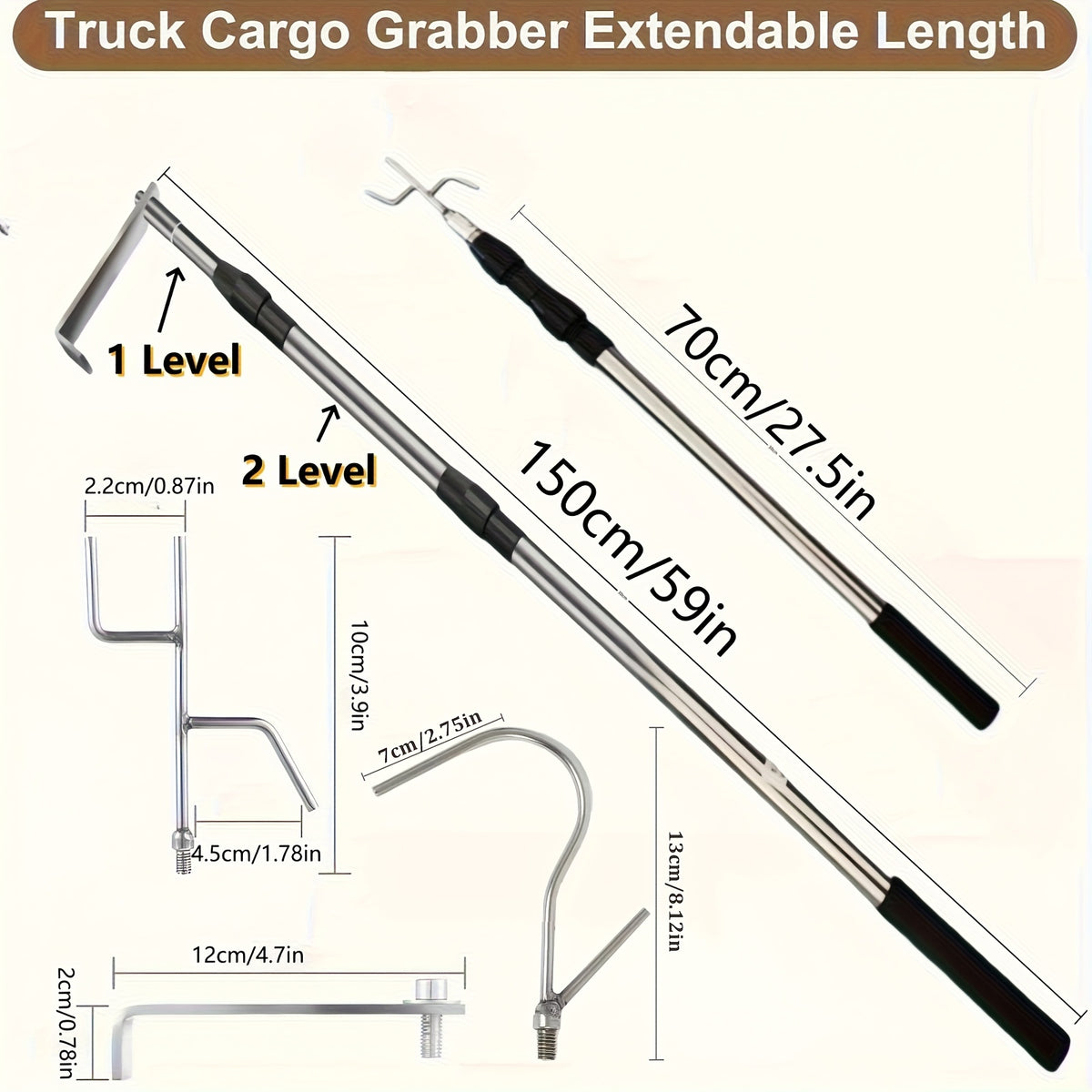 A Robust Stainless Steel Telescopic Grabber for Truck Beds, Featuring a Retractable Handle. This Heavy-Duty Tool Is Designed for Cargo Retrieval, Making It for easy to Lift And Move Heavy Items. It Serves As a Practical Accessory for Trucks with a D