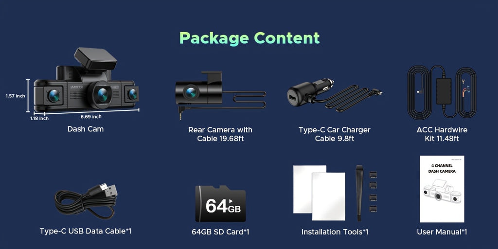 Lamtto 4 Channel Dashcam 360° View Dash Cam Front and Rear Inside 2K+1080P+1080P,+1080P, Dash Camera for Cars, 8 IR Lamps Night Vision, 5G WiFi & APP Control, G-Sensor, Parking Mode, with a Hardwire Kit
