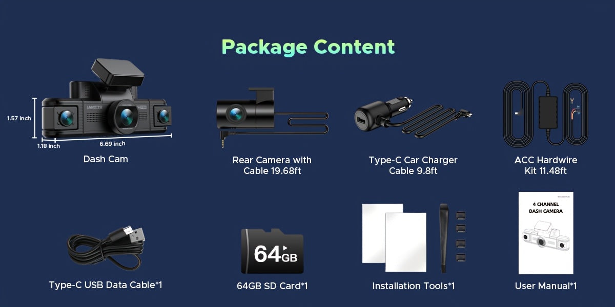 Lamtto 4 Channel Dashcam 360° View Dash Cam Front and Rear Inside 2K+1080P+1080P,+1080P, Dash Camera for Cars, 8 IR Lamps Night Vision, 5G WiFi & APP Control, G-Sensor, Parking Mode, with a Hardwire Kit