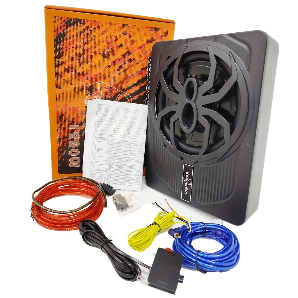 KELUNEGLO 10" 1200W Slim Under-Seat Powered Sub W/ Wiring, Built-in Amp & Blue LED, Halloween Audio, Subwoofer with Built in Amp, Subwoofer Amplificado Para Auto, Under Seat Subwoofer, Subwoofer Car Audio, 10inch Subwoofer