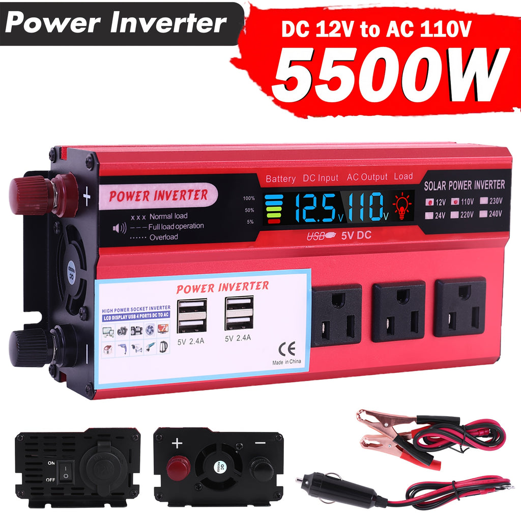 5500W Peak Power Inverter, Car Pure Sine Wave Inverter DC 12V to AC 110V, with LCD Digital Display and 4 USB Ports, 3 US Sockets, Fast Charging for Vehicles Trucks RVs and Outdoor