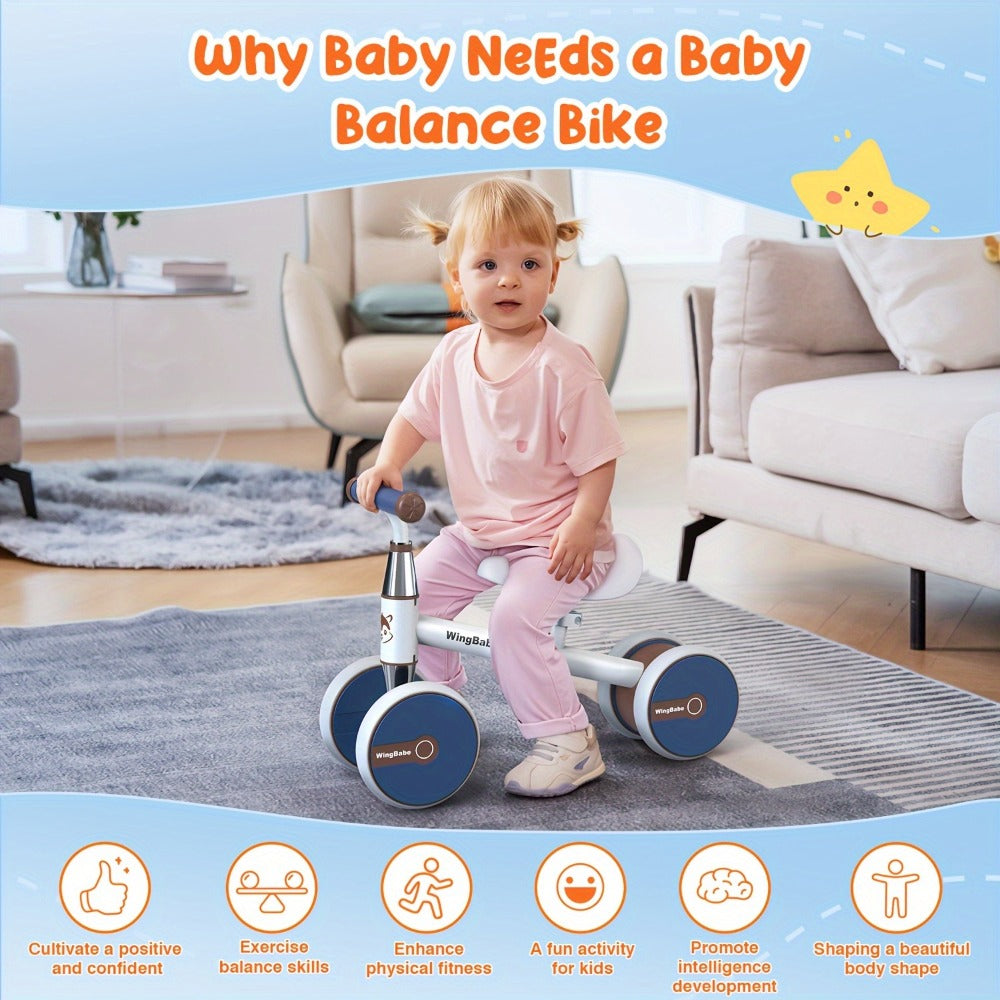 4 Wheel Balance Bike for Baby Toddlers 10-36 Months – Lightweight First Bike with Adjustable Seat, 90° Steering Limit & Silent Anti-Slip Tires | Best 1st Birthday Gift for Boys and Girls