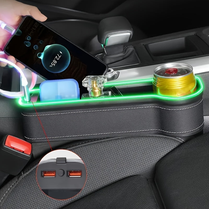 Car Seat Gap Storage Box, Phone Holder Charger, Clutter Organizer, Car Seat Gap Organizer with LED Ambient Lighting, Faux Leather Multi-Function Console Side Bag with Dual USB Charging Ports, for Vehicle Interior Additions