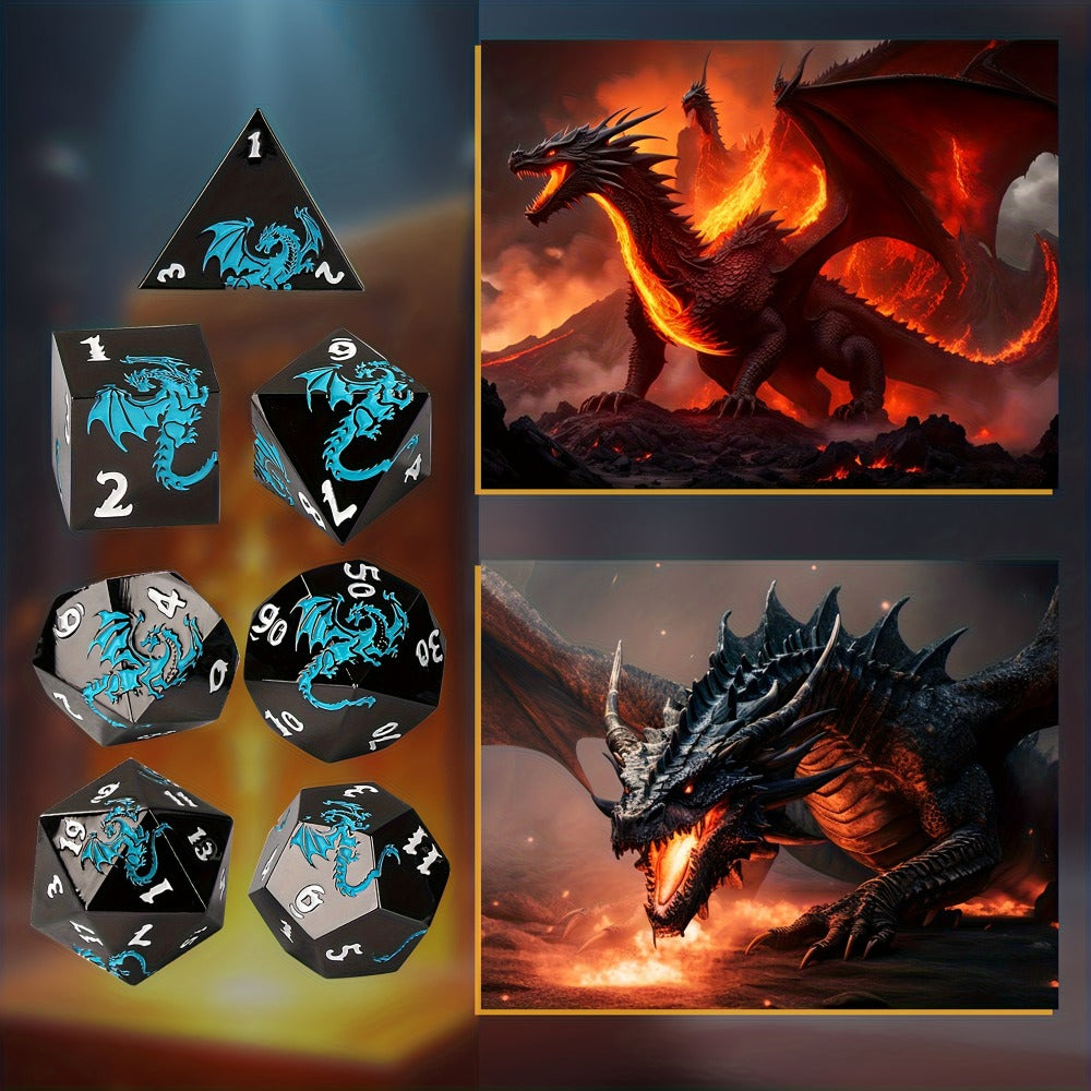 Dragon Metal Dice Set 7pcs Hand-Polished – Retro Carved Dragon Pattern Polyhedral DnD TTRPG RPG Dice with Dragon Storage Bag, D4 D6 D8 D10 D12 D20, Bronze Silver Black Blue White Cyan
