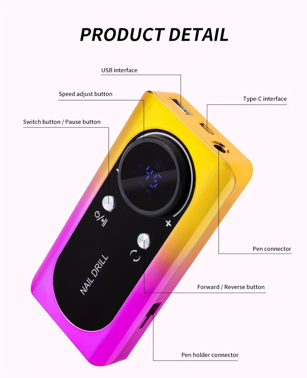 Electric Nail Drill Machine 45000RPM with LCD Display — Rechargeable Cordless E-File Professional High-Speed Nail Sander for Acrylic Gel Polish Natural Nails, Salon & Home Manicure Pedicure Tool