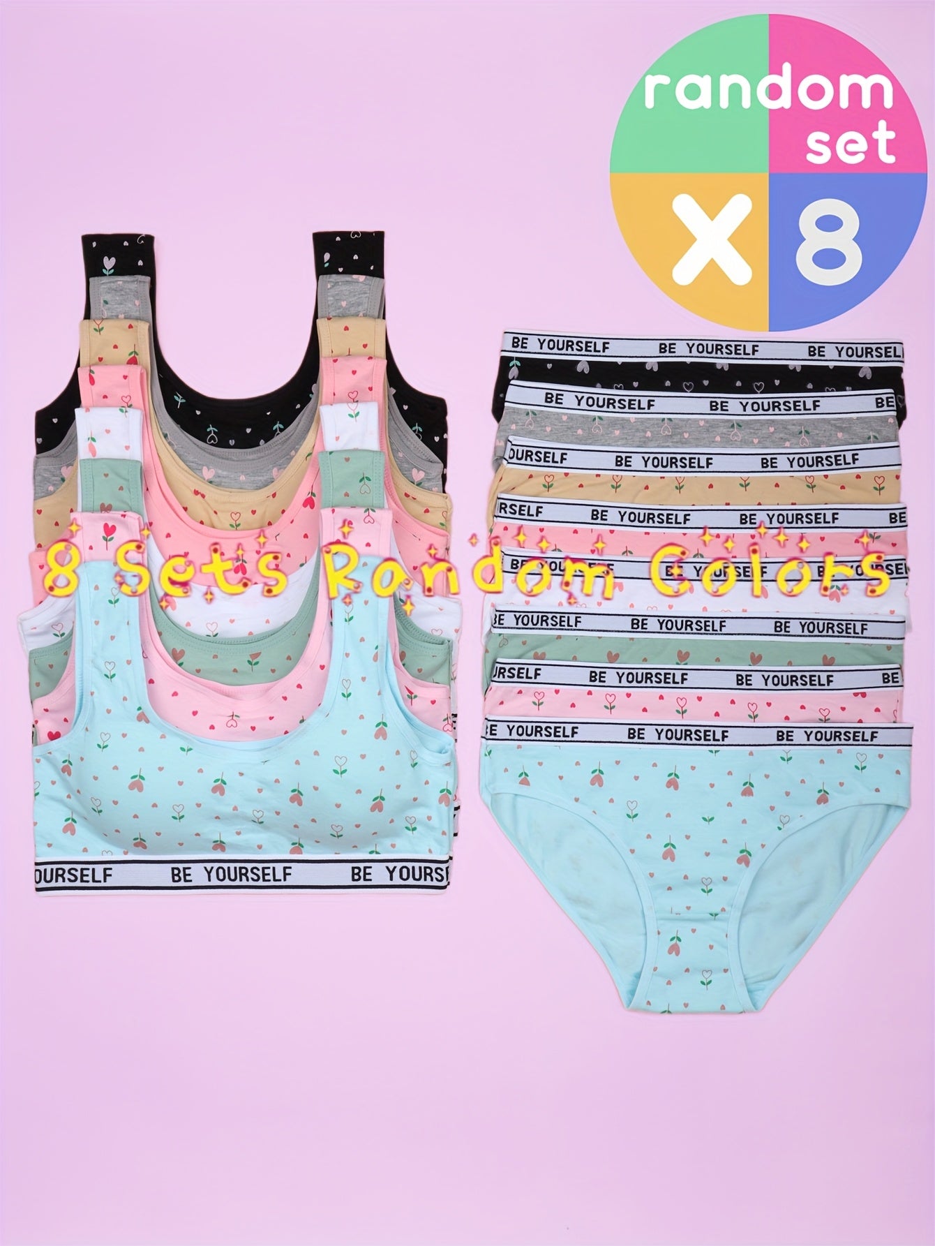 8-Pack Girls' Training Bra and Panty Set - Breathable Everyday Comfort