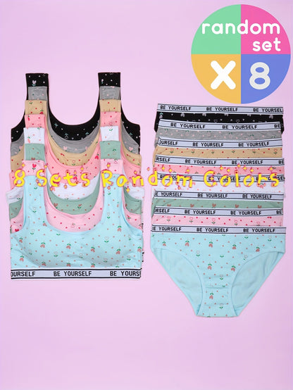 8-Pack Girls' Training Bra and Panty Set - Breathable Everyday Comfort