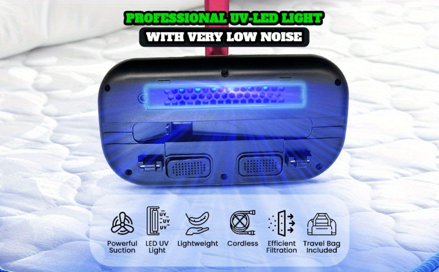 Cordless Mattress Vacuum Cleaner with Ultrasonic Heating & HEPA Filtration – Portable Bed Vacuum for Dust Mites, Pet Hair, Sofas, Upholstery & Carpets