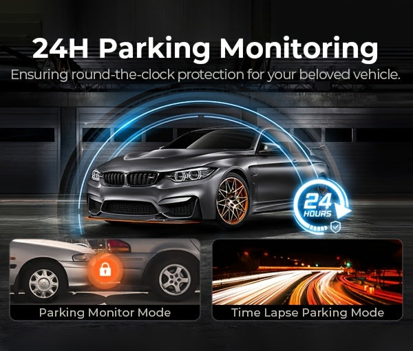 10-inch Touchscreen Dash Cam with Front 1296P and Rear 1080P Recording. Supports App Control, WiFi, GPS, English Voice Control, WDR Wide Dynamic Range, Super Night Vision, and Parking Monitor Mode. Requires Additional Mini Three-core Hard-wiring Kit