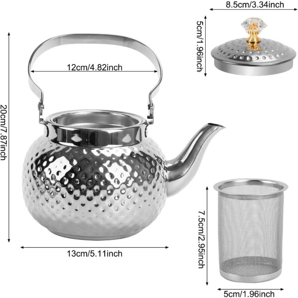 Hammered Tea Kettle Stainless Steel – 40.58oz Stovetop Teapot with Strainer for Loose Leaf Tea, Coffee & Milk, Classic Hammered Design, Outdoor & Travel Friendly, Premium Tea Gift – Gold, Silver