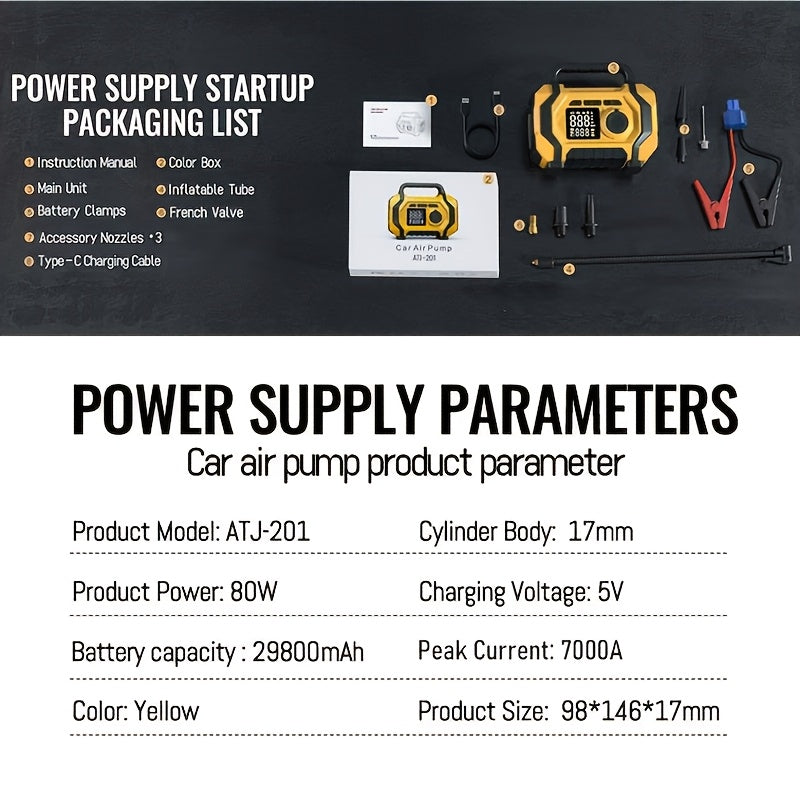 7000 A Jump Starter with Air Compressor & 7000A Jump Starter, Portable Car Battery Jump Starter (2.38gal Gas/2.25gal Diesel), 12V Battery Charger Booster, 150PSI Auto-Shutoff Tire Inflator, Portable Jumper Cables, LED Light, High-Capacity Power Bank