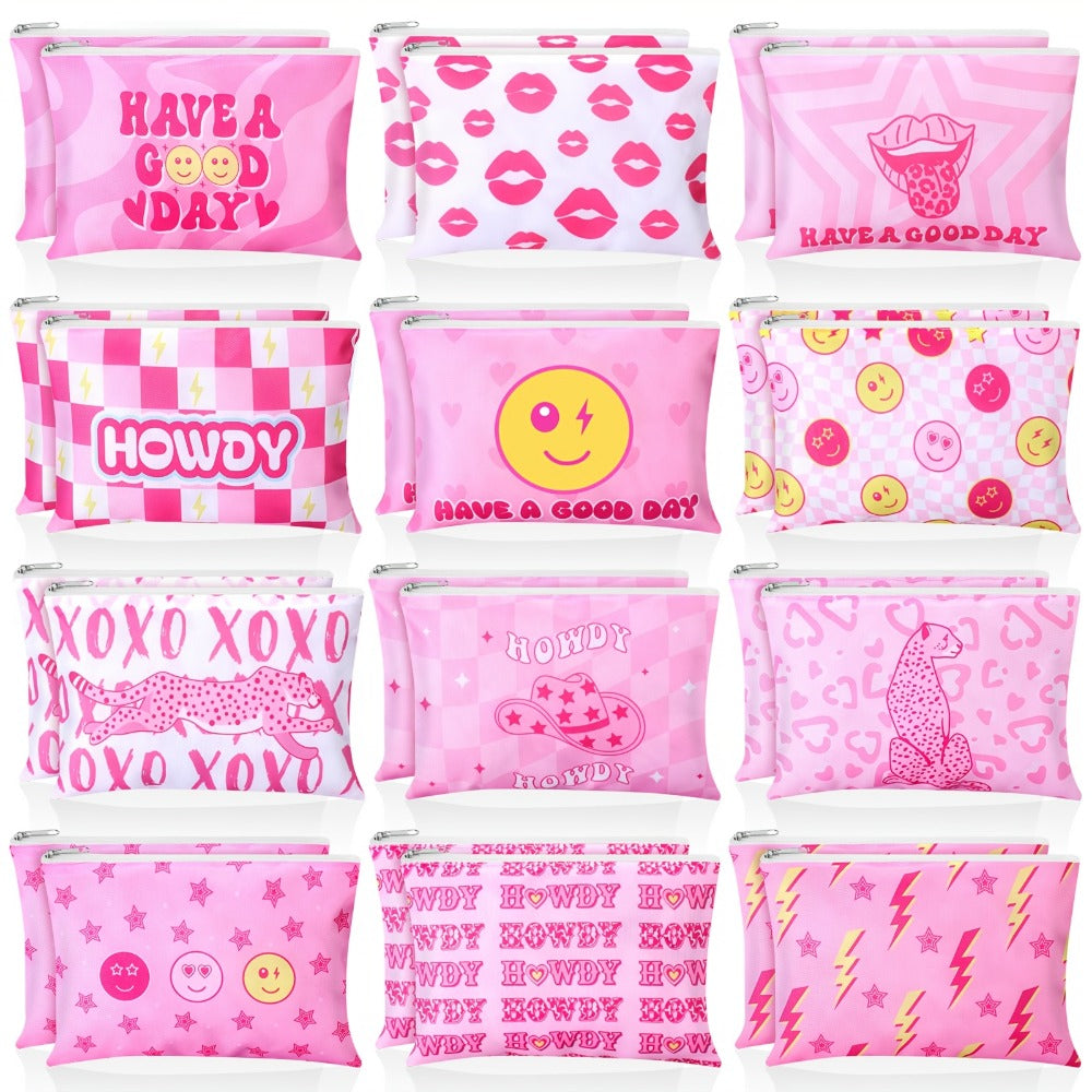 Bulk Cosmetic Bags 24-Pack Pink Howdy Western Zipper Makeup Pouches Party Favor Set for Women Girls Birthday Bachelorette Bridal Shower Travel Toiletry Organizer Gift