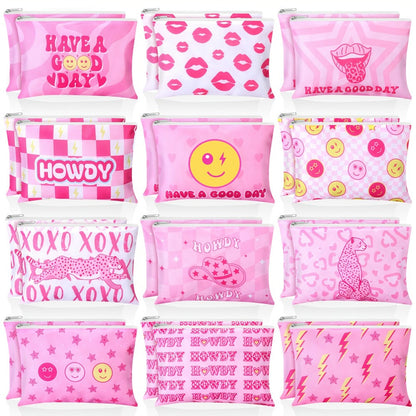 Bulk Cosmetic Bags 24-Pack Pink Howdy Western Zipper Makeup Pouches Party Favor Set for Women Girls Birthday Bachelorette Bridal Shower Travel Toiletry Organizer Gift