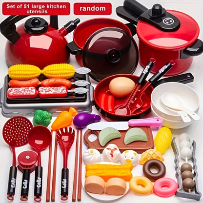 Kids Pretend Play Kitchen Set 51 Pcs – Cookware Tableware & Play Food Toddler Kitchen Toy for Boys & Girls Ages 3+ – STEM Learning Role Play Cooking Gift for Birthday Christmas Holiday Red