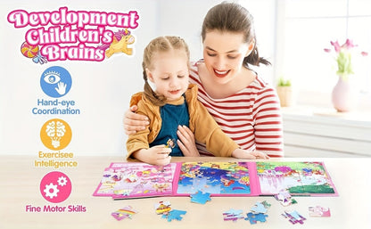 Magnetic Puzzle Book for Girls 3 4 5 6 – 3-in-1 Unicorn Mermaid Princess Travel Puzzles, 20 Pieces Folding Magnetic Jigsaw for Toddlers, Road Trip Car Airplane Activity, Birthday Gift for Little Girls