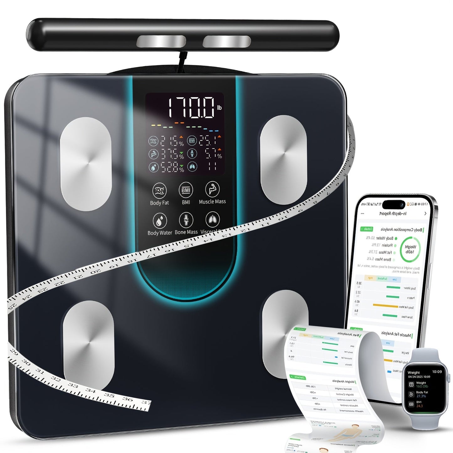 Smart Body Fat Scale with Handle, 8-Electrode Full Body Composition Analyzer, BMI Muscle Mass Monitor, Digital Weight Scale with APP Sync & LED Display for Home Gym Fitness Tracking