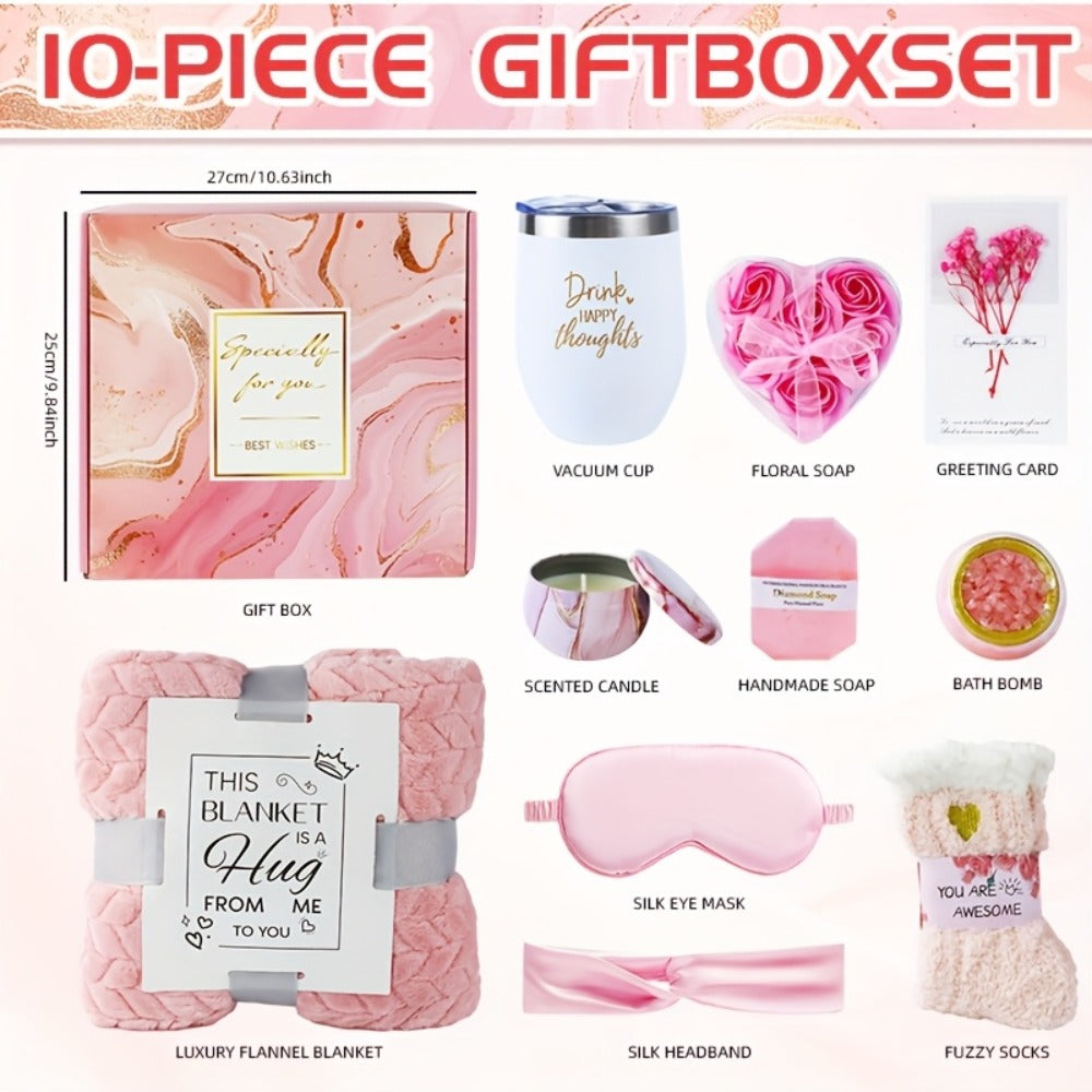 Luxury Spa Gift Set for Women 10-Piece Rose Scented Candles Bath Salt Balls Dried Flowers Eye Mask Soap Blanket Socks Hair Ribbon Gift Card Birthday Christmas Mother's Day Valentine Gift