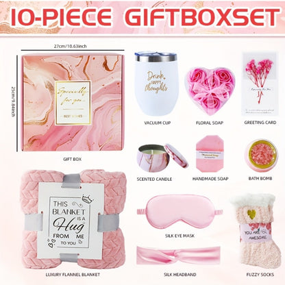 Luxury Spa Gift Set for Women 10-Piece Rose Scented Candles Bath Salt Balls Dried Flowers Eye Mask Soap Blanket Socks Hair Ribbon Gift Card Birthday Christmas Mother's Day Valentine Gift