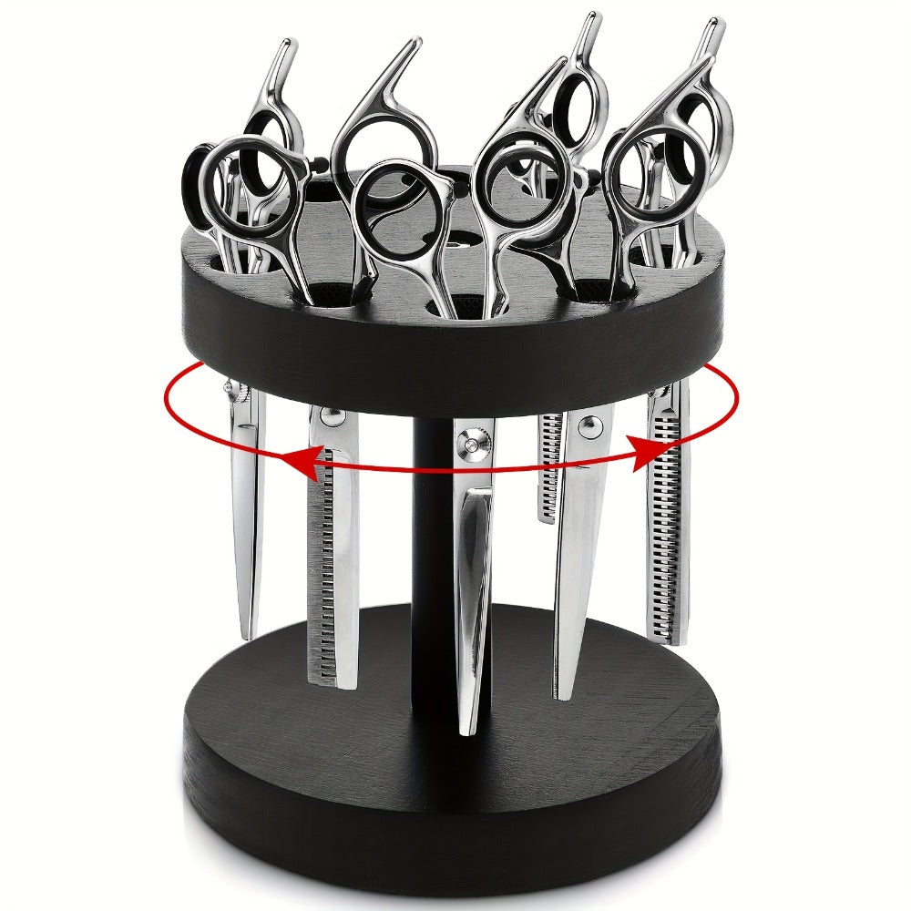 360° Rotating Scissor Holder Wooden Barber Shears Stand – 10-Slot Countertop Salon Hair Stylist Tool Organizer with 0.71" Holes for Barbershop, Grooming Station & Beauty Salon Storage