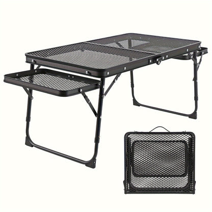 Portable Folding Camping Table with 2 Wingboards & Mesh Top – Height Adjustable Outdoor Grill Side Table for Picnic Barbecue Beach Backpacking, Lightweight Compact Folding Table with Carry Bag