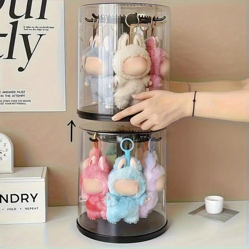 LABUBU Display Case 360 Rotating Acrylic Box with Dust Cover – Plush Toy Figure Storage Case Multi-Layer Hanging Rack for Collectible Figures Blind Box Anime, Black or White