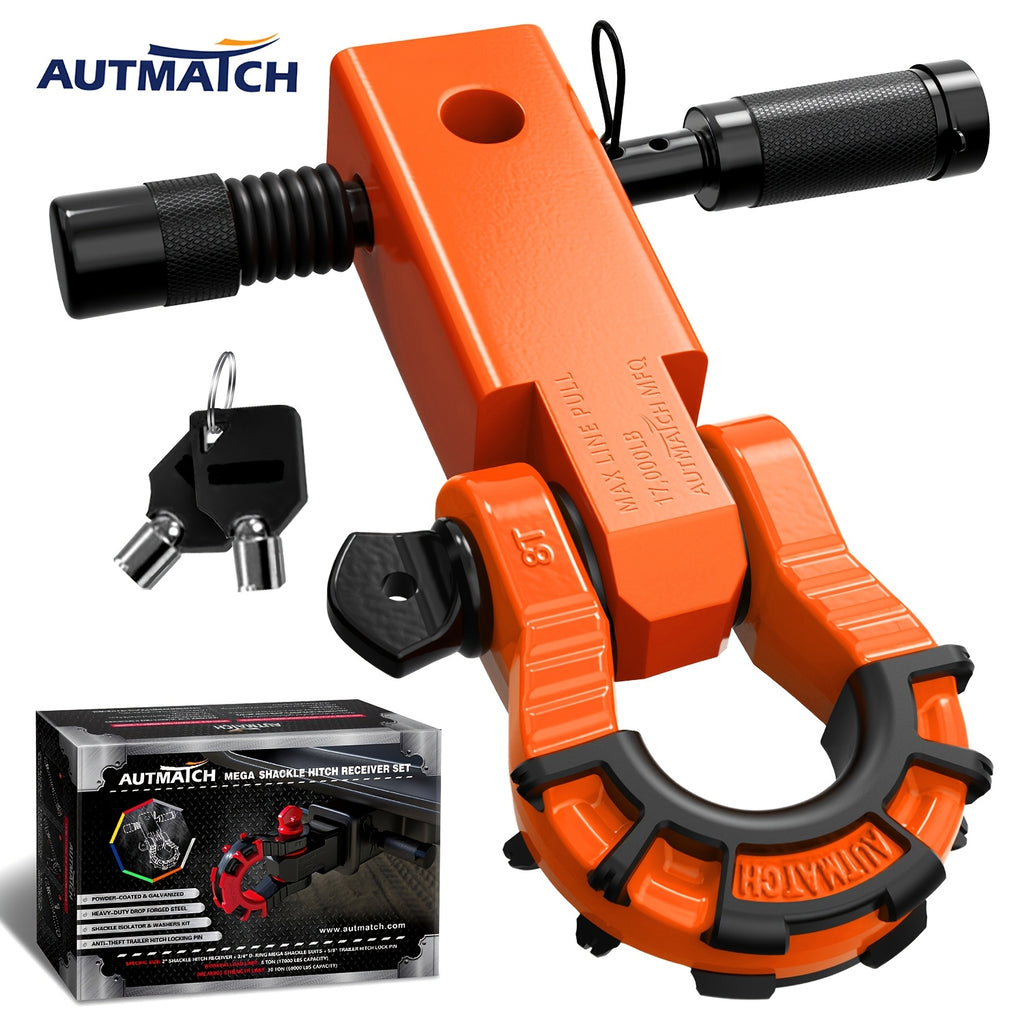 AUTMATCH 2-Inch Shackle Hitch Receiver Featuring a 3/4" Mega D Ring Shackle And a 5/8" Trailer Hitch Lock Pin, Designed for Heavy-Duty Vehicle Recovery with a Break Strength of 68, 000 Lbs