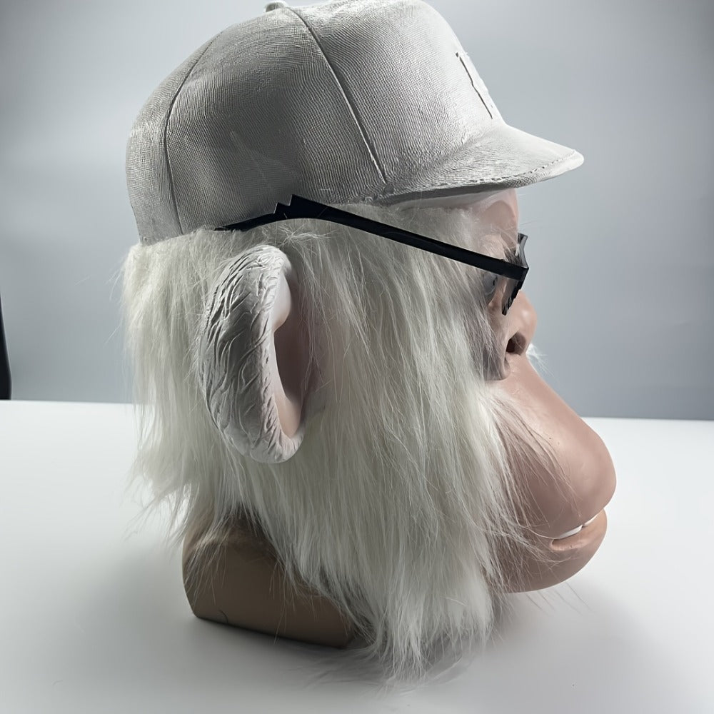 Gorilla Monkey Plush Full Head Mask with White Hair Glasses Hat – Funny Cartoon Animal Costume for Adults Halloween Parties Cosplay Role Play Prank Gift White Gorilla Chimpanzee