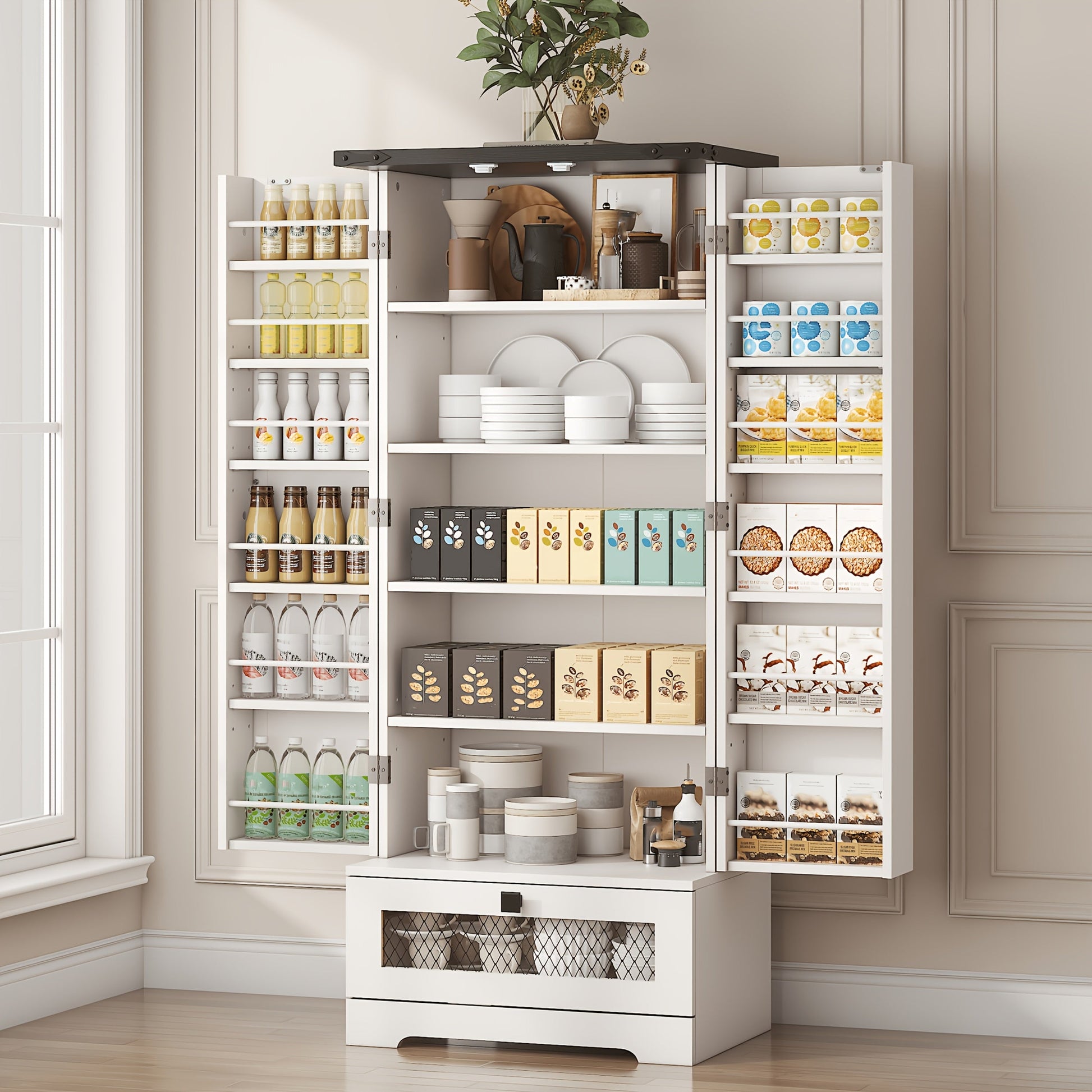 47-Inch Freestanding Kitchen Pantry Cabinet with Storage Drawers and Adjustable Shelves detail image - detail view 9
