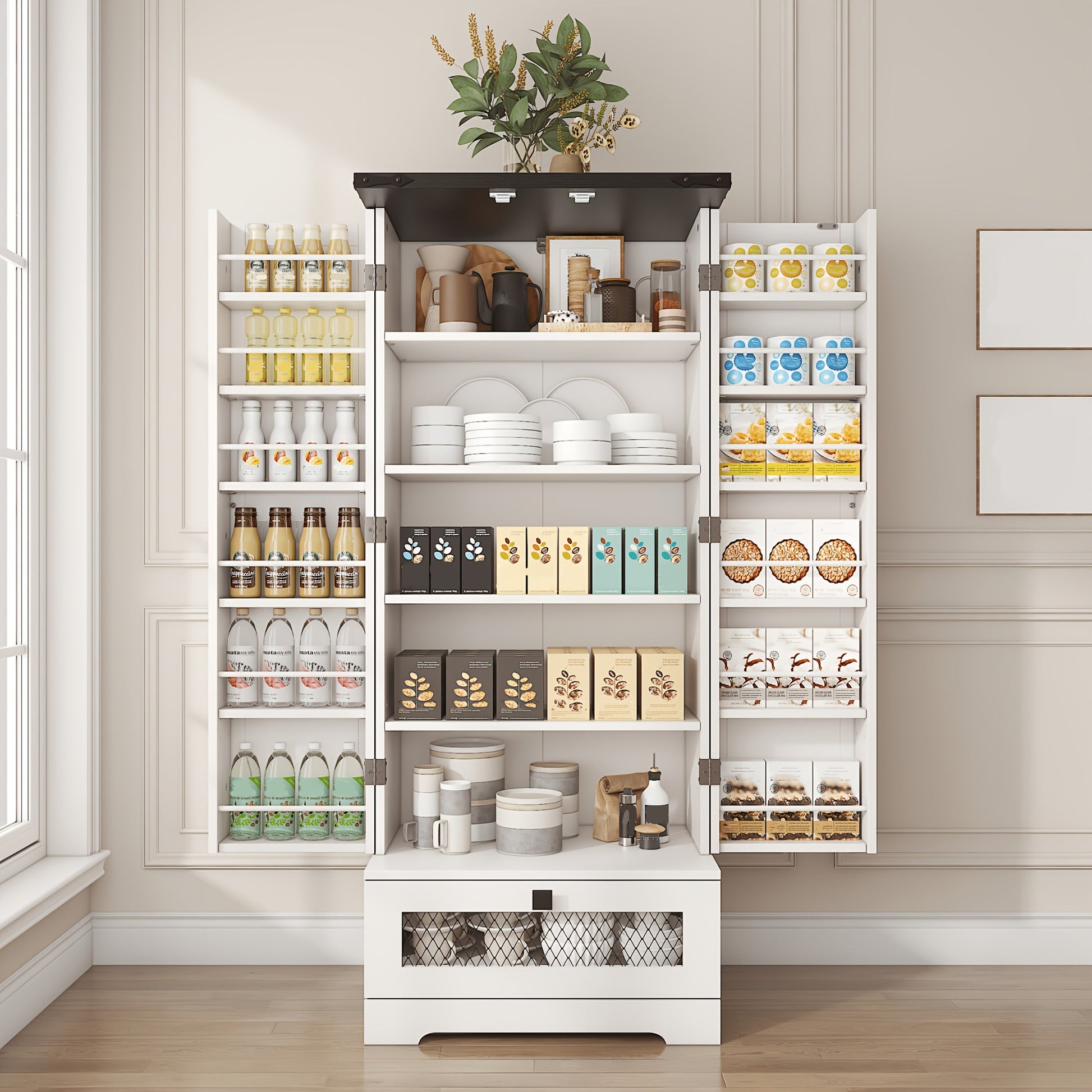 Kitchen Pantry Cabinet, 47 Inch with Drawer and Adjustable Shelves Freestanding Wooden shown in the main product view