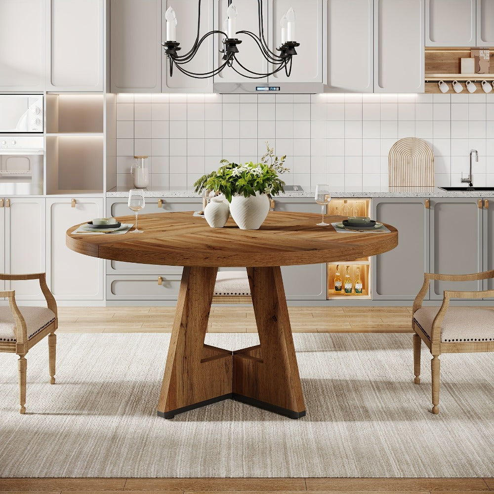 Dining Table, 47 Inch Farmhouse Round for 4 - Rustic Wood Finish Dinner Table for Dining shown in the main product view