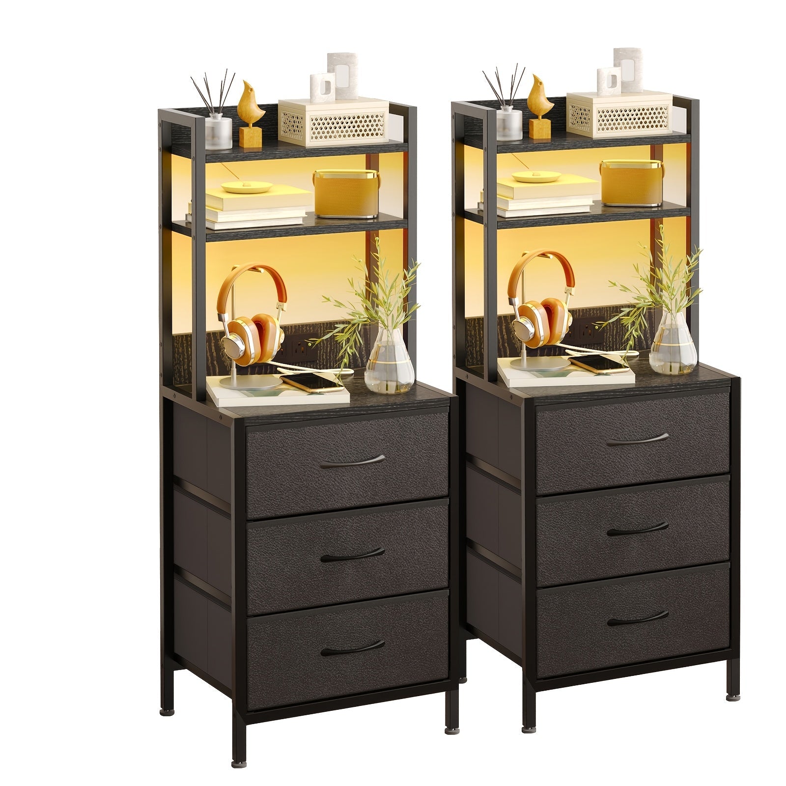 Nightstand shown in the 2pcs-Black-3 Drawers option